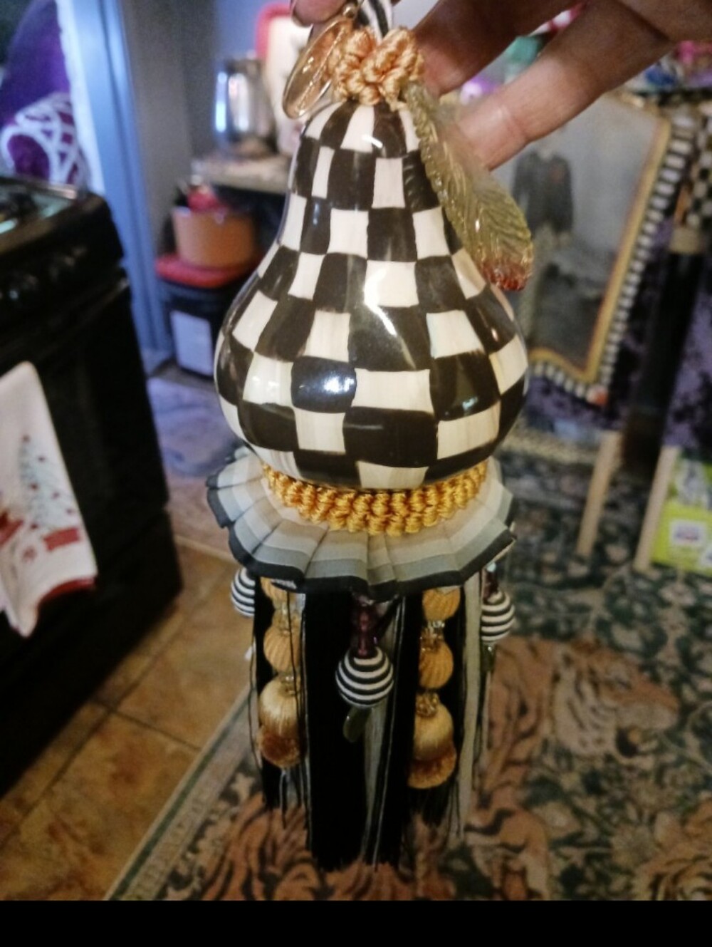 Mackenize Childs Decorative Black and White Checkered Tassel Ornament Pear